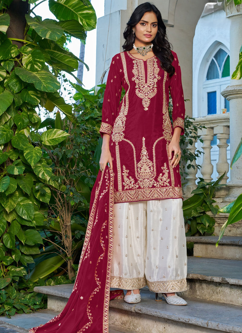 Vegaa Fashion Red Embroidered Chinon Silk Palazzo Suit | Grocsy