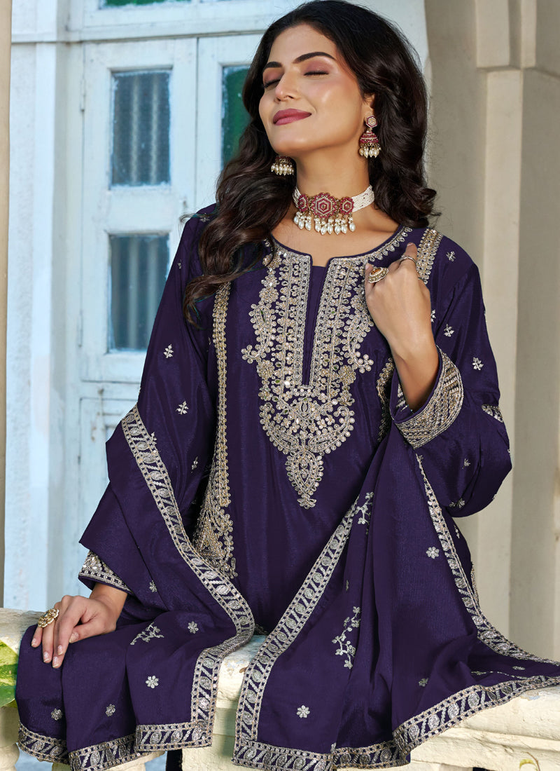 Vegaa Fashion Dark-Purple Embroidered Chinon Silk Palazzo Suit | Grocsy