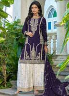 Vegaa Fashion Dark-Purple Embroidered Chinon Silk Palazzo Suit | Grocsy