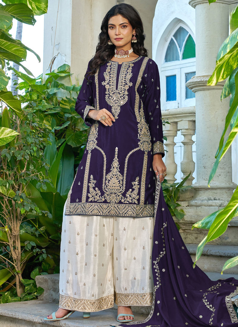 Vegaa Fashion Dark-Purple Embroidered Chinon Silk Palazzo Suit | Grocsy