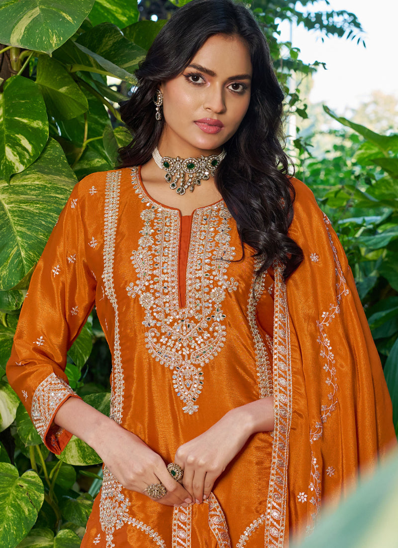 Vegaa Fashion Orange Embroidered Chinon Silk Palazzo Suit | Grocsy