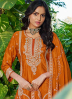 Vegaa Fashion Orange Embroidered Chinon Silk Palazzo Suit | Grocsy