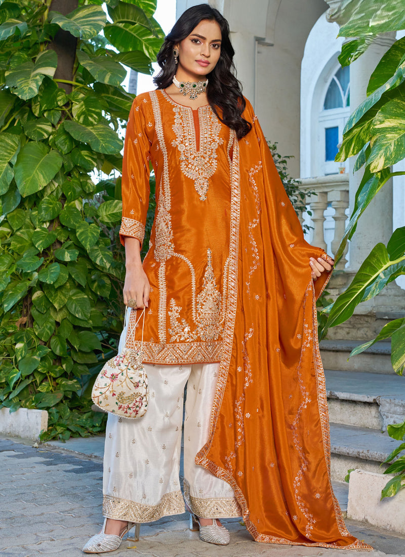 Vegaa Fashion Orange Embroidered Chinon Silk Palazzo Suit | Grocsy
