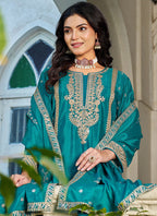 Vegaa Fashion Turquoise Embroidered Chinon Silk Palazzo Suit | Grocsy