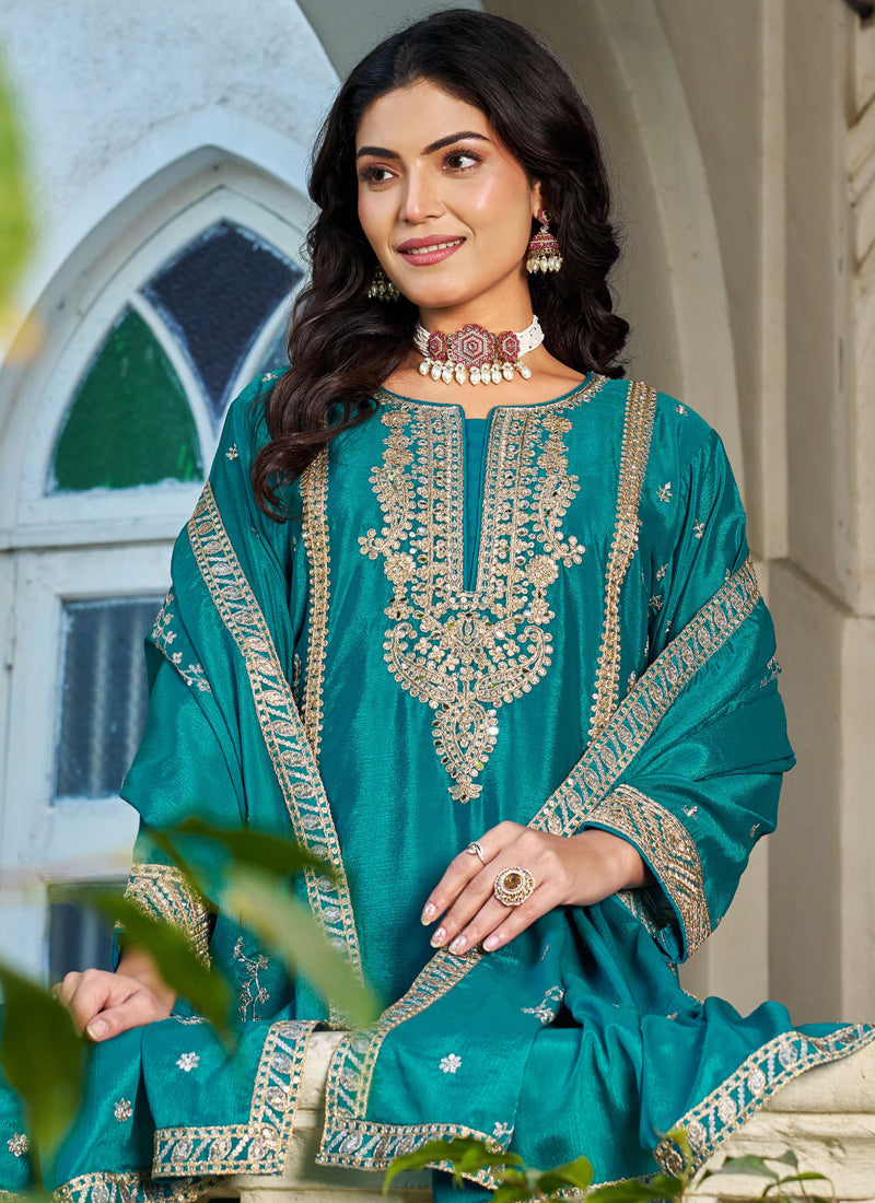 Vegaa Fashion Turquoise Embroidered Chinon Silk Palazzo Suit | Grocsy