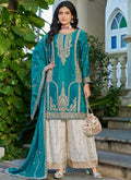 Vegaa Fashion Turquoise Embroidered Chinon Silk Palazzo Suit | Grocsy