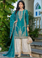 Vegaa Fashion Turquoise Embroidered Chinon Silk Palazzo Suit | Grocsy