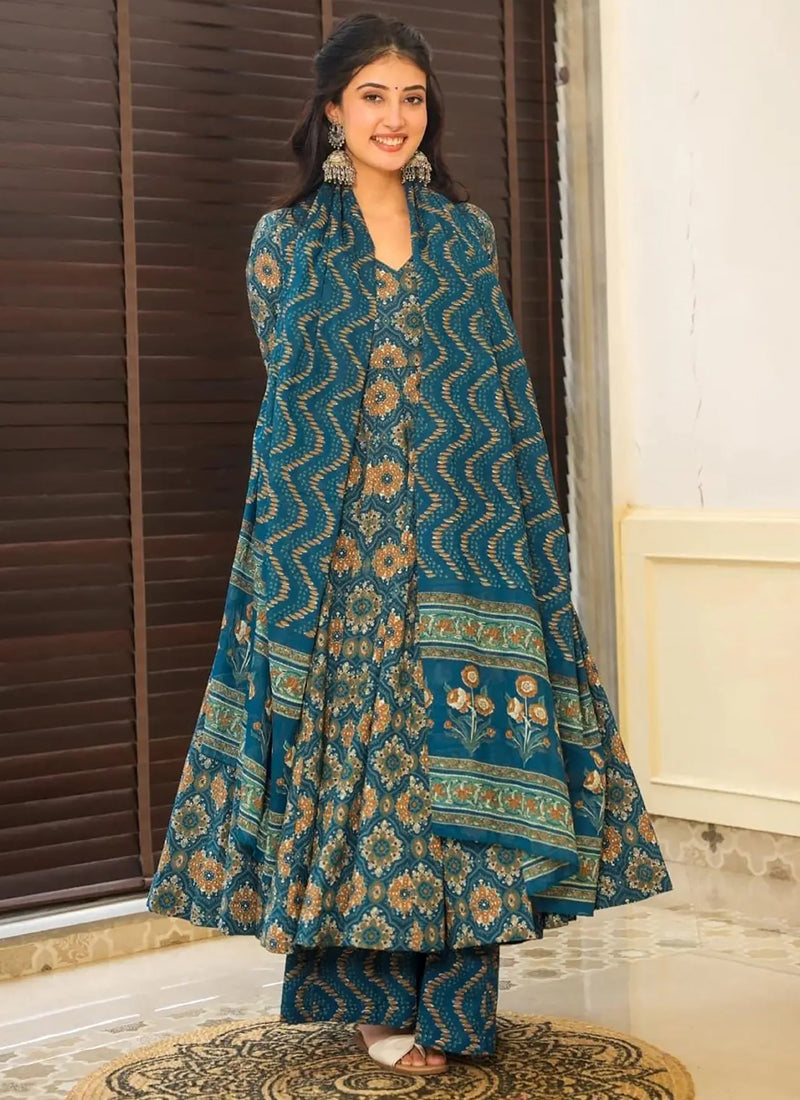 Vegaa Fashion Aqua Blue Muslin Printed Designer Palazzo Suit | Grocsy
