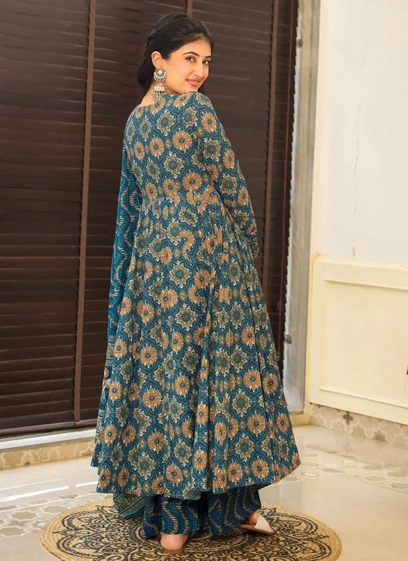 Vegaa Fashion Aqua Blue Muslin Printed Designer Palazzo Suit | Grocsy