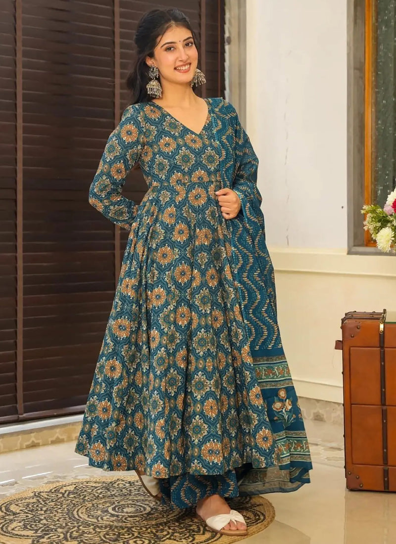 Vegaa Fashion Aqua Blue Muslin Printed Designer Palazzo Suit | Grocsy