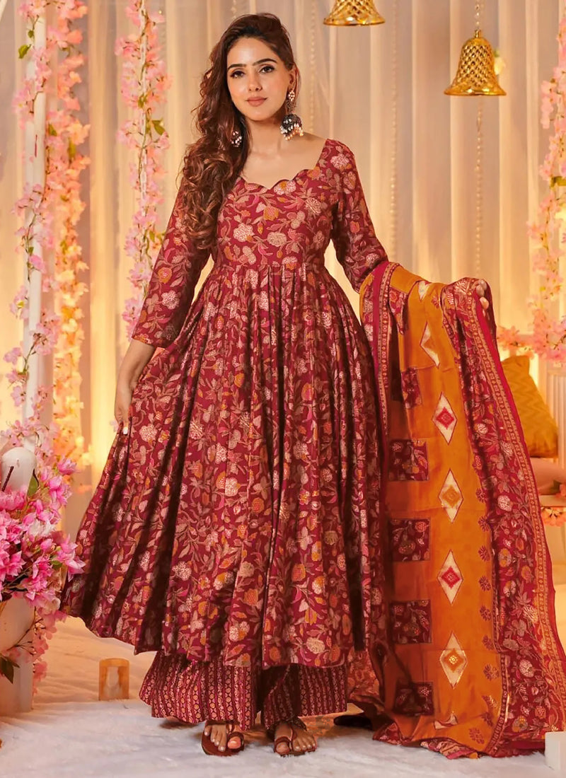 Vegaa Fashion Red Muslin Printed Designer Palazzo Suit | Grocsy