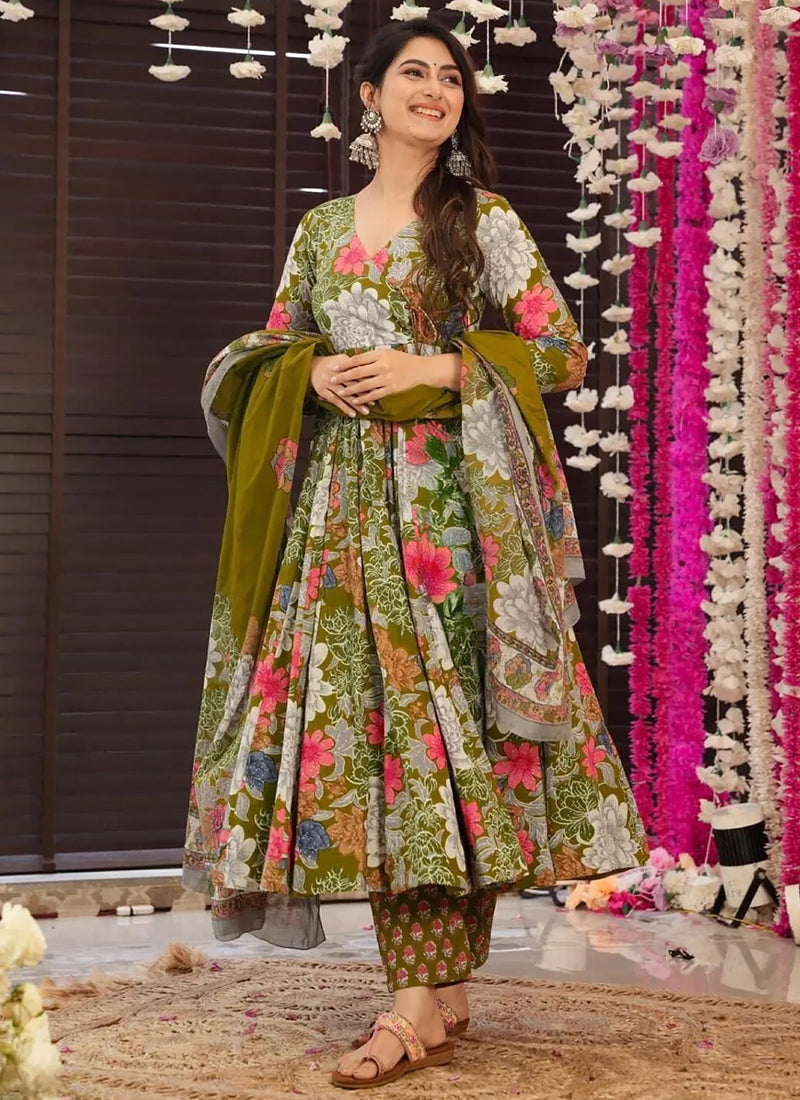 Vegaa Fashion Mehendi Muslin Printed Designer Palazzo Suit | Grocsy