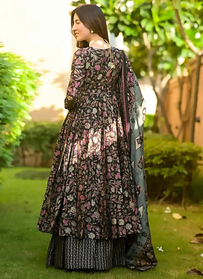 Vegaa Fashion Black Muslin Printed Designer Palazzo Suit | Grocsy