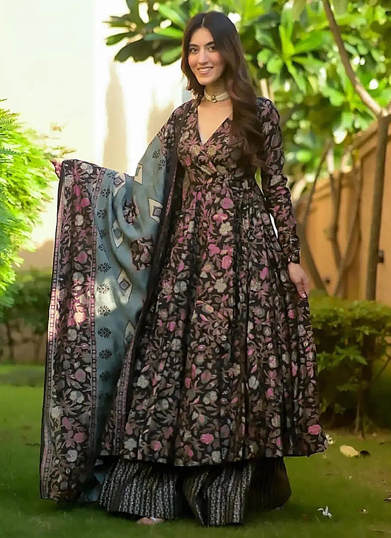 Vegaa Fashion Black Muslin Printed Designer Palazzo Suit | Grocsy