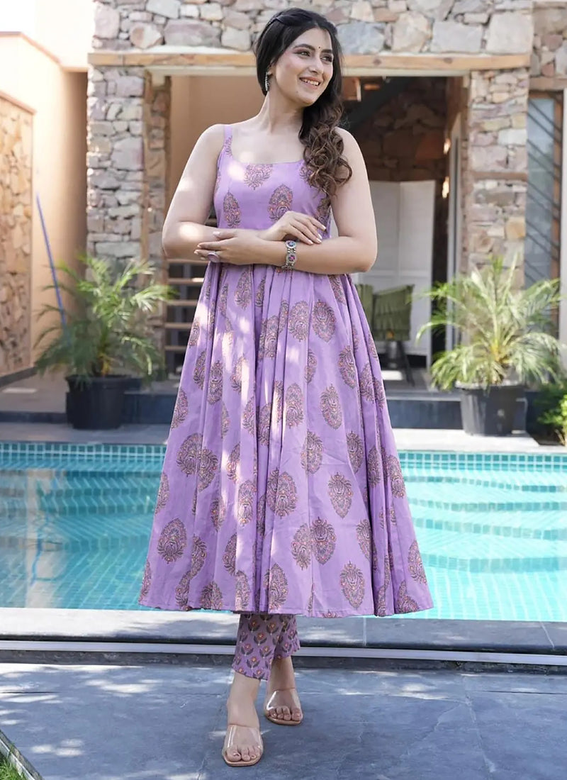 Vegaa Fashion Lavender Muslin Printed Designer Palazzo Suit | Grocsy