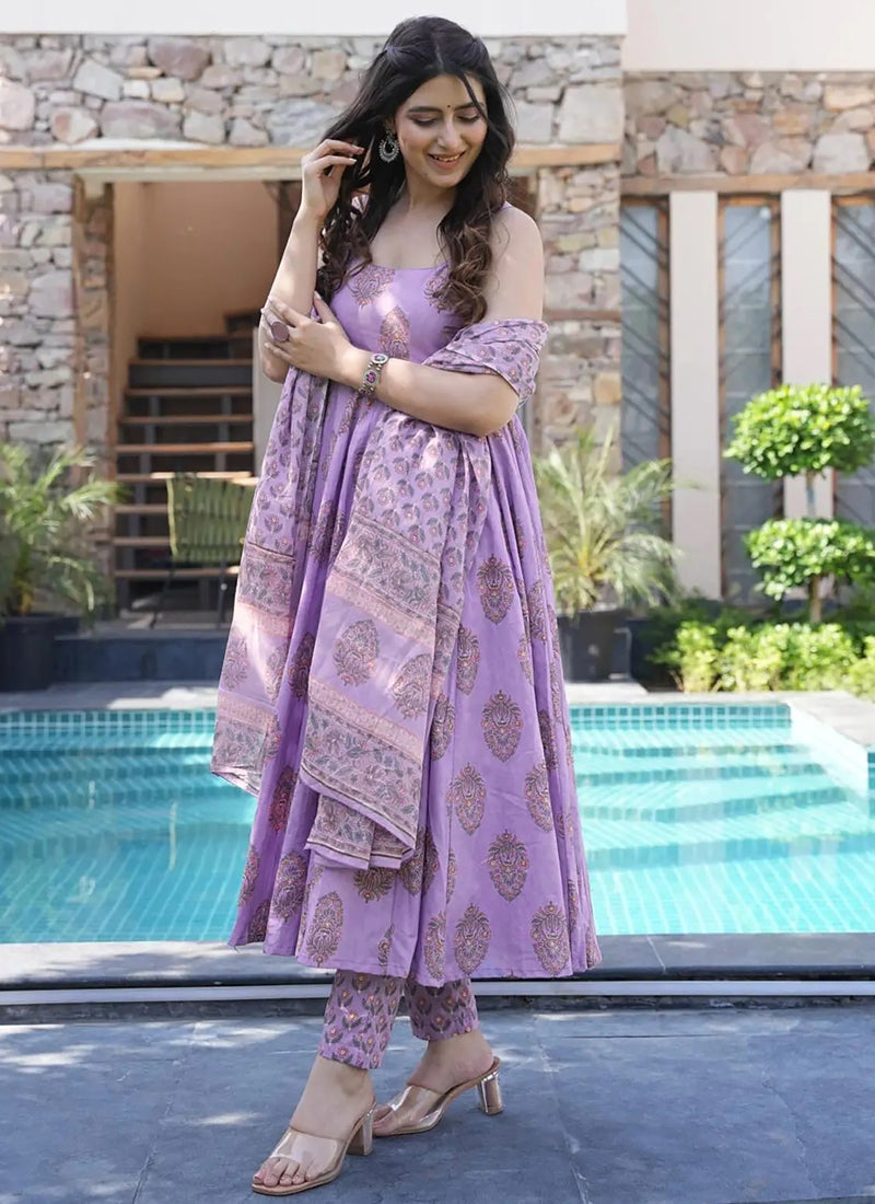 Vegaa Fashion Lavender Muslin Printed Designer Palazzo Suit | Grocsy