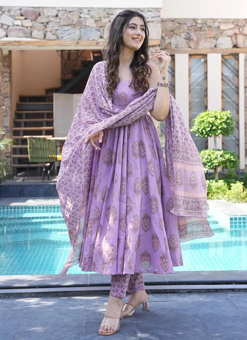 Vegaa Fashion Lavender Muslin Printed Designer Palazzo Suit | Grocsy