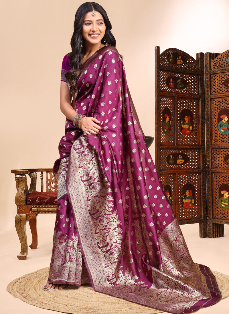 Vegaa Fashion Wine Lichi Silk Embroidered Wedding Wear Saree | Grocsy