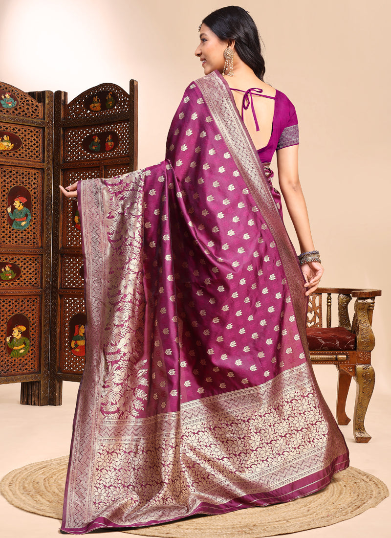 Vegaa Fashion Wine Lichi Silk Embroidered Wedding Wear Saree | Grocsy