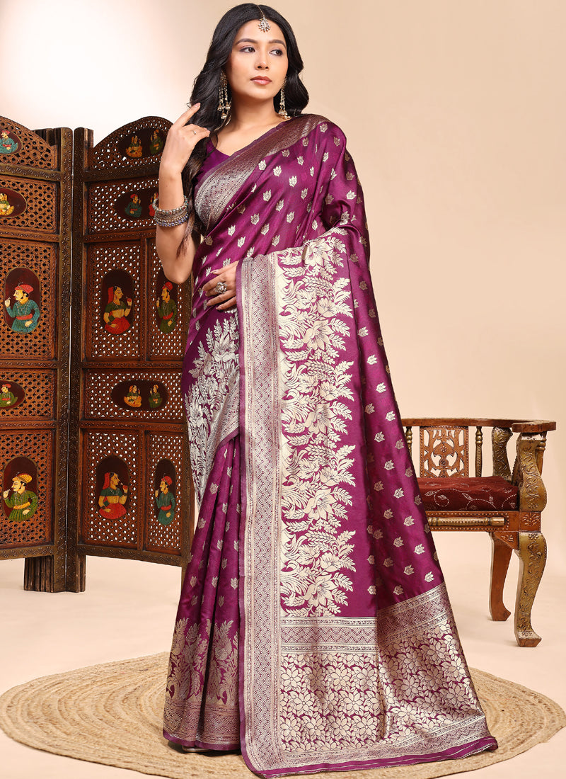Vegaa Fashion Wine Lichi Silk Embroidered Wedding Wear Saree | Grocsy