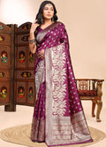 Vegaa Fashion Wine Lichi Silk Embroidered Wedding Wear Saree | Grocsy