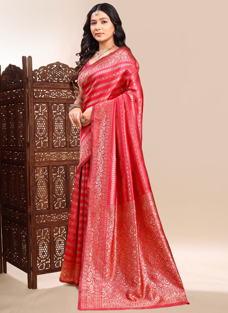 Vegaa Fashion Red Lichi Silk Embroidered Wedding Wear Saree | Grocsy