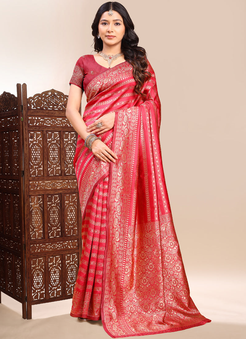 Vegaa Fashion Red Lichi Silk Embroidered Wedding Wear Saree | Grocsy