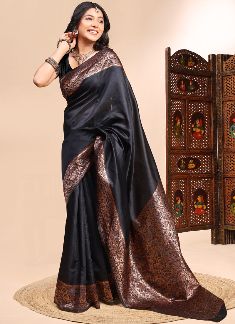 Vegaa Fashion Black Lichi Silk Embroidered Wedding Wear Saree | Grocsy