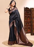 Vegaa Fashion Black Lichi Silk Embroidered Wedding Wear Saree | Grocsy