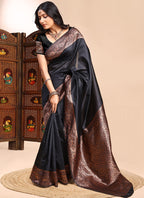 Vegaa Fashion Black Lichi Silk Embroidered Wedding Wear Saree | Grocsy