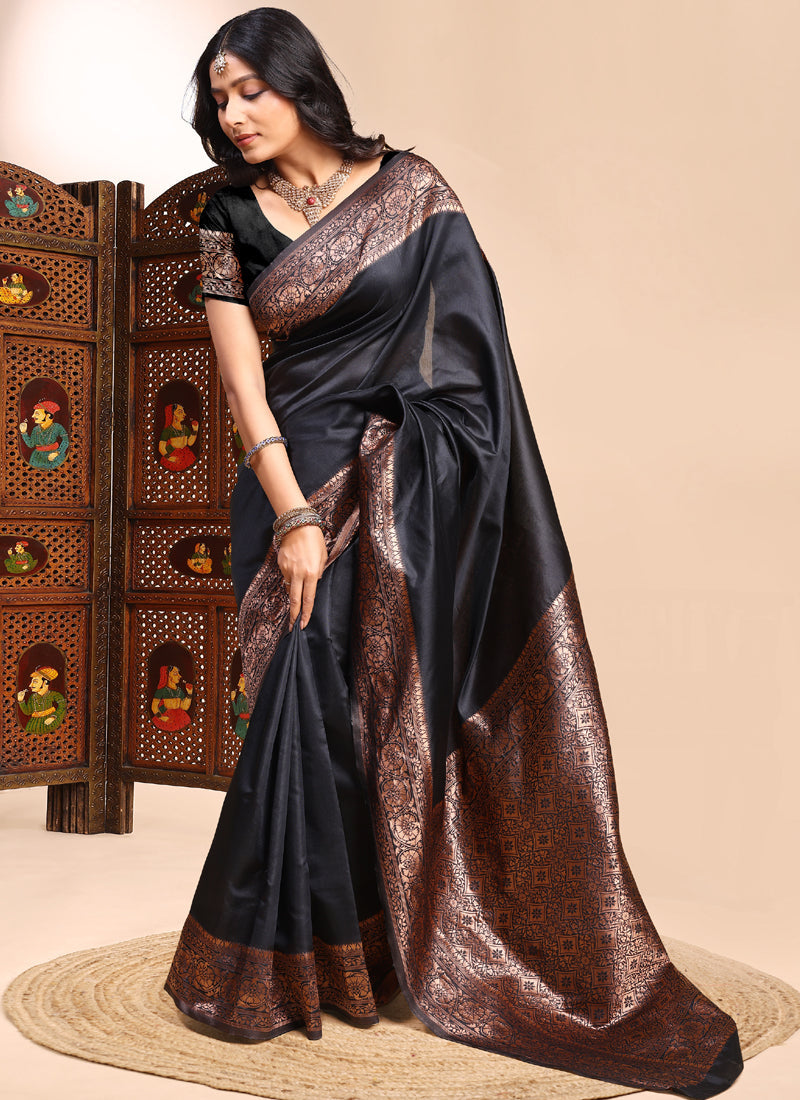 Vegaa Fashion Black Lichi Silk Embroidered Wedding Wear Saree | Grocsy