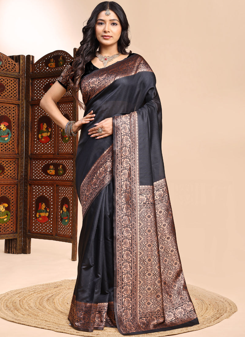 Vegaa Fashion Black Lichi Silk Embroidered Wedding Wear Saree | Grocsy