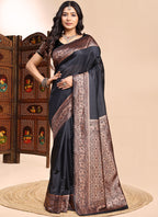 Vegaa Fashion Black Lichi Silk Embroidered Wedding Wear Saree | Grocsy