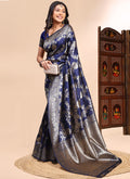 Vegaa Fashion Dark_Blue Lichi Silk Embroidered Wedding Wear Saree | Grocsy