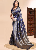 Vegaa Fashion Dark_Blue Lichi Silk Embroidered Wedding Wear Saree | Grocsy