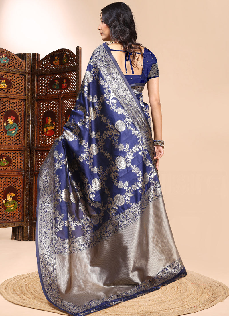 Vegaa Fashion Dark_Blue Lichi Silk Embroidered Wedding Wear Saree | Grocsy