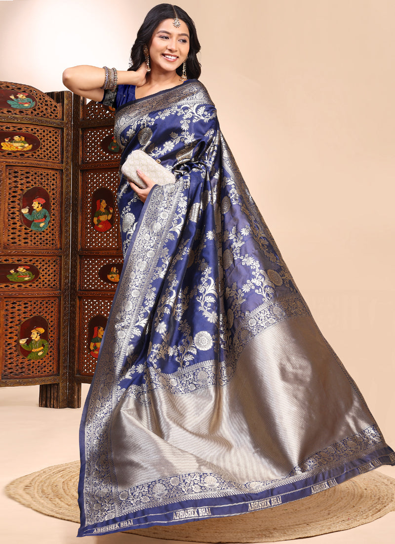 Vegaa Fashion Dark_Blue Lichi Silk Embroidered Wedding Wear Saree | Grocsy