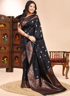 Vegaa Fashion Black Lichi Silk Embroidered Wedding Wear Saree | Grocsy