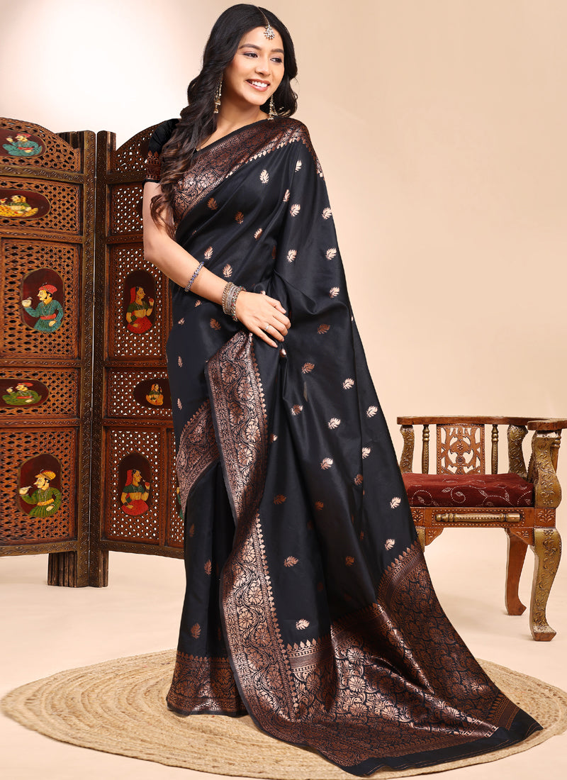 Vegaa Fashion Black Lichi Silk Embroidered Wedding Wear Saree | Grocsy