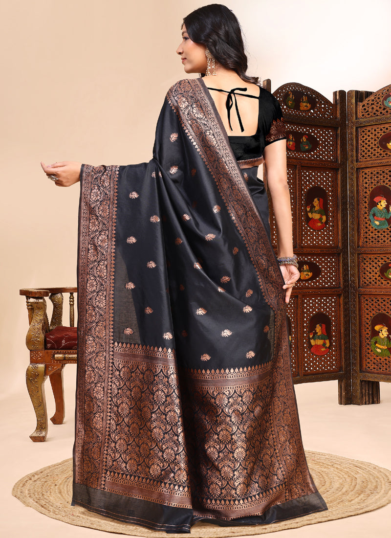 Vegaa Fashion Black Lichi Silk Embroidered Wedding Wear Saree | Grocsy