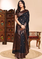 Vegaa Fashion Black Lichi Silk Embroidered Wedding Wear Saree | Grocsy