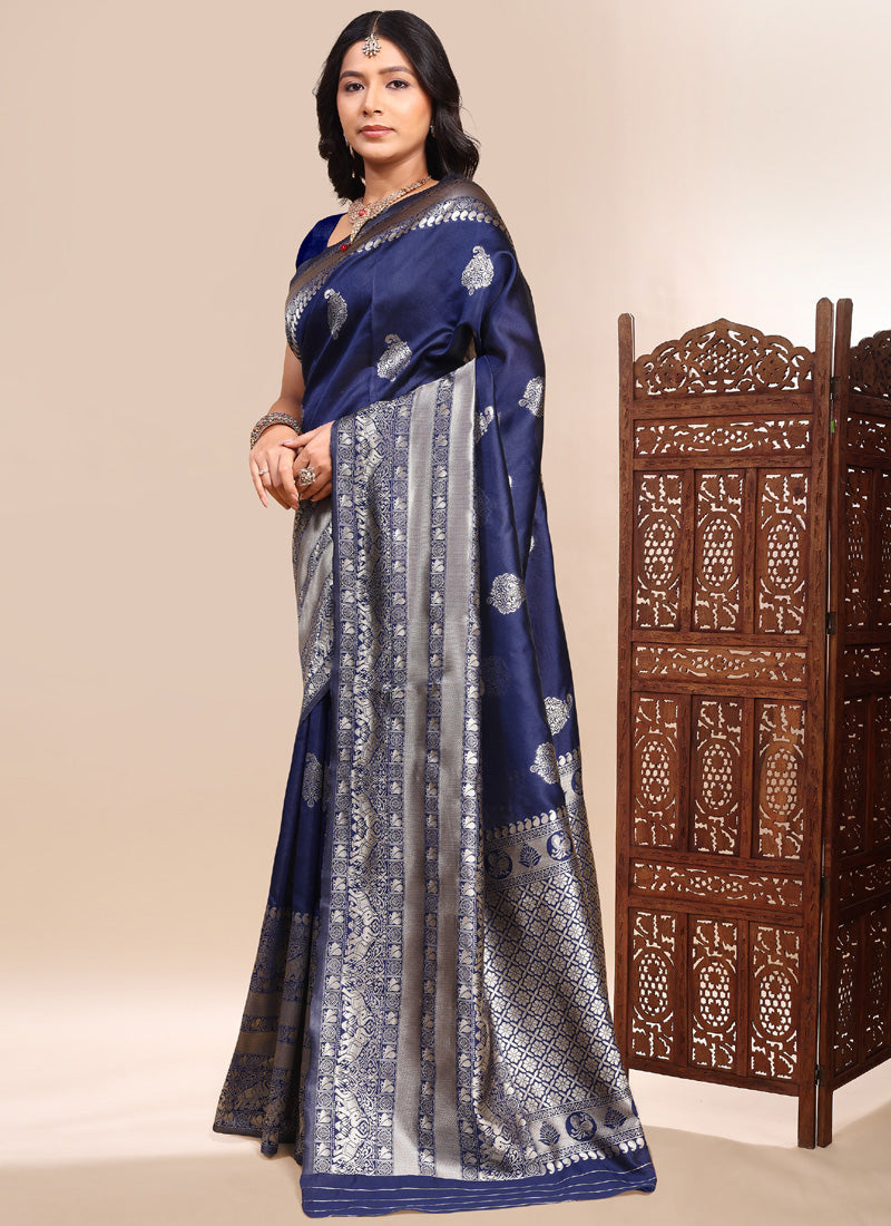 Vegaa Fashion Dark_Blue Lichi Silk Embroidered Wedding Wear Saree | Grocsy