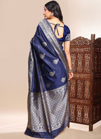 Vegaa Fashion Dark_Blue Lichi Silk Embroidered Wedding Wear Saree | Grocsy