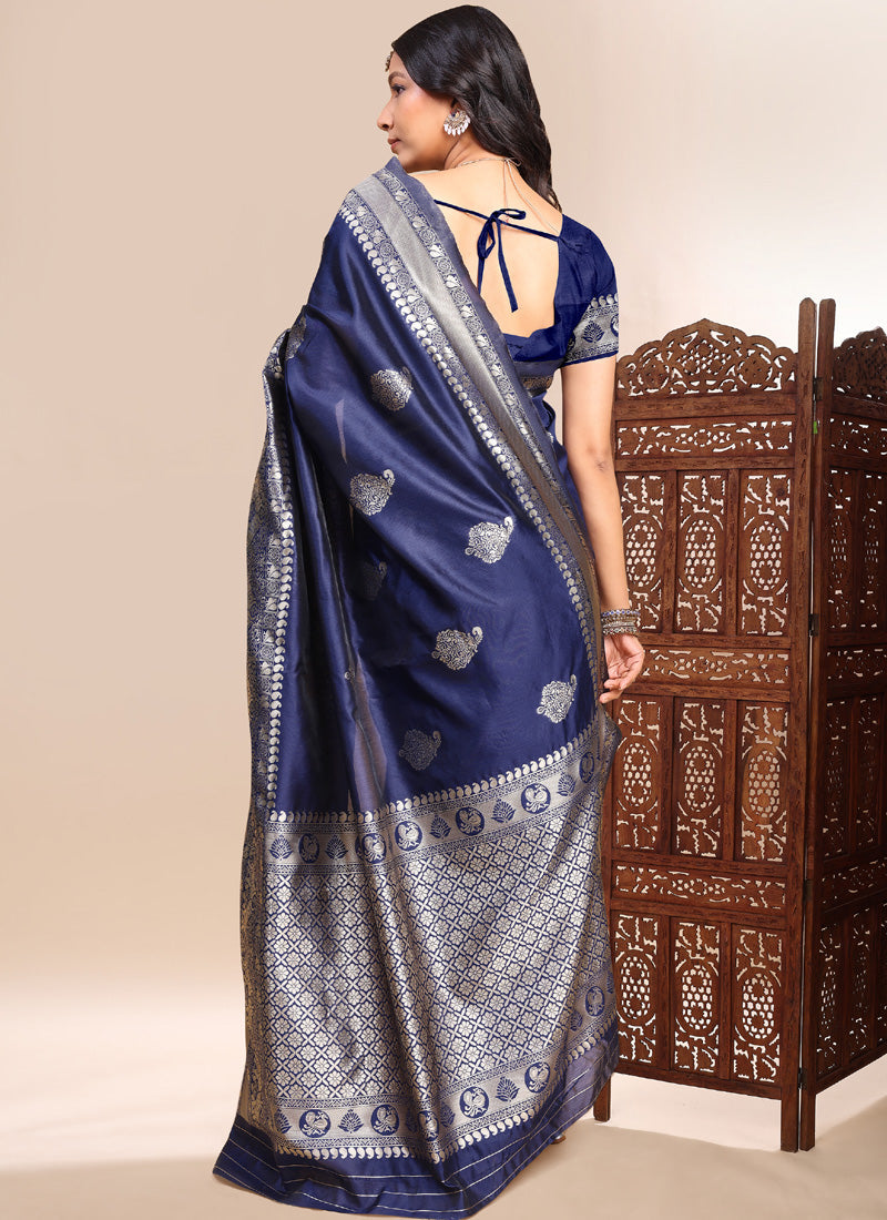 Vegaa Fashion Dark_Blue Lichi Silk Embroidered Wedding Wear Saree | Grocsy