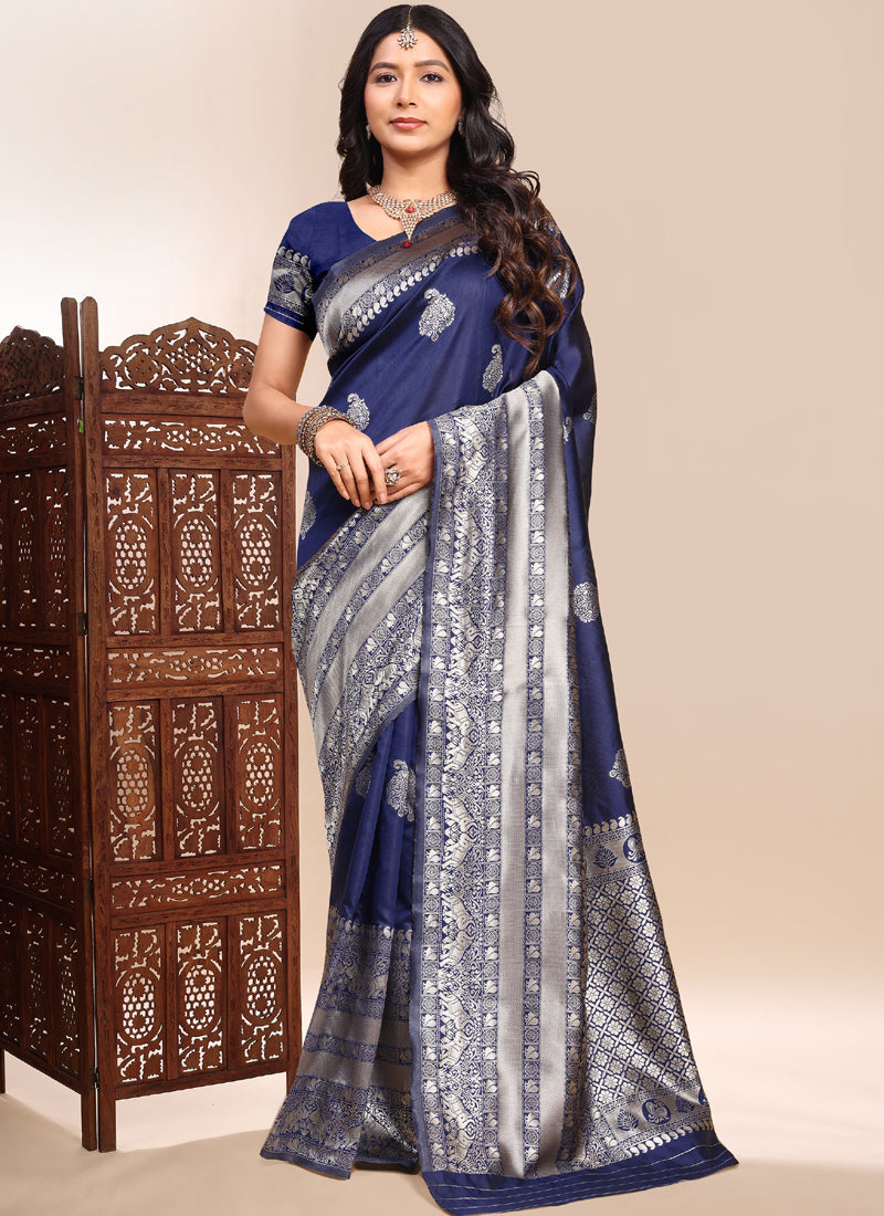 Vegaa Fashion Dark_Blue Lichi Silk Embroidered Wedding Wear Saree | Grocsy