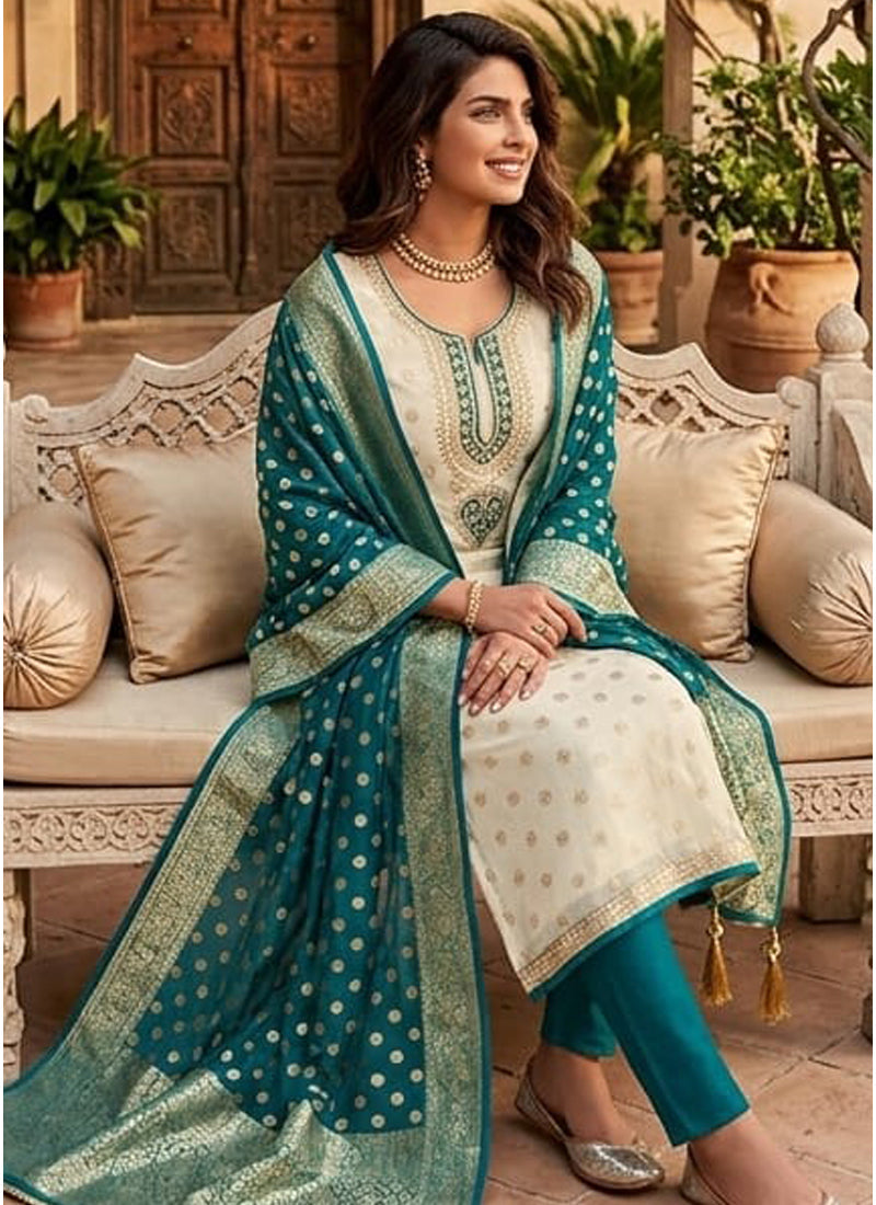 Vegaa Fashion Cream Embroidered salwar suit | Grocsy