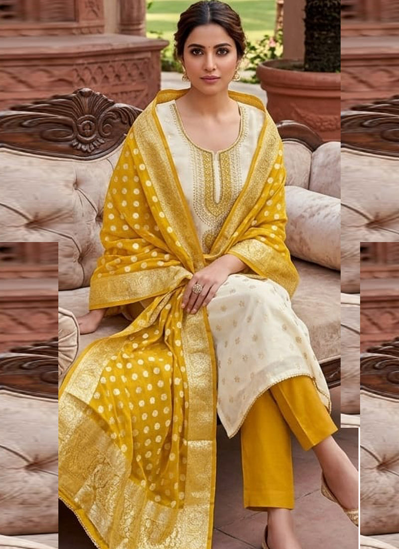 Vegaa Fashion Cream Embroidered salwar suit | Grocsy
