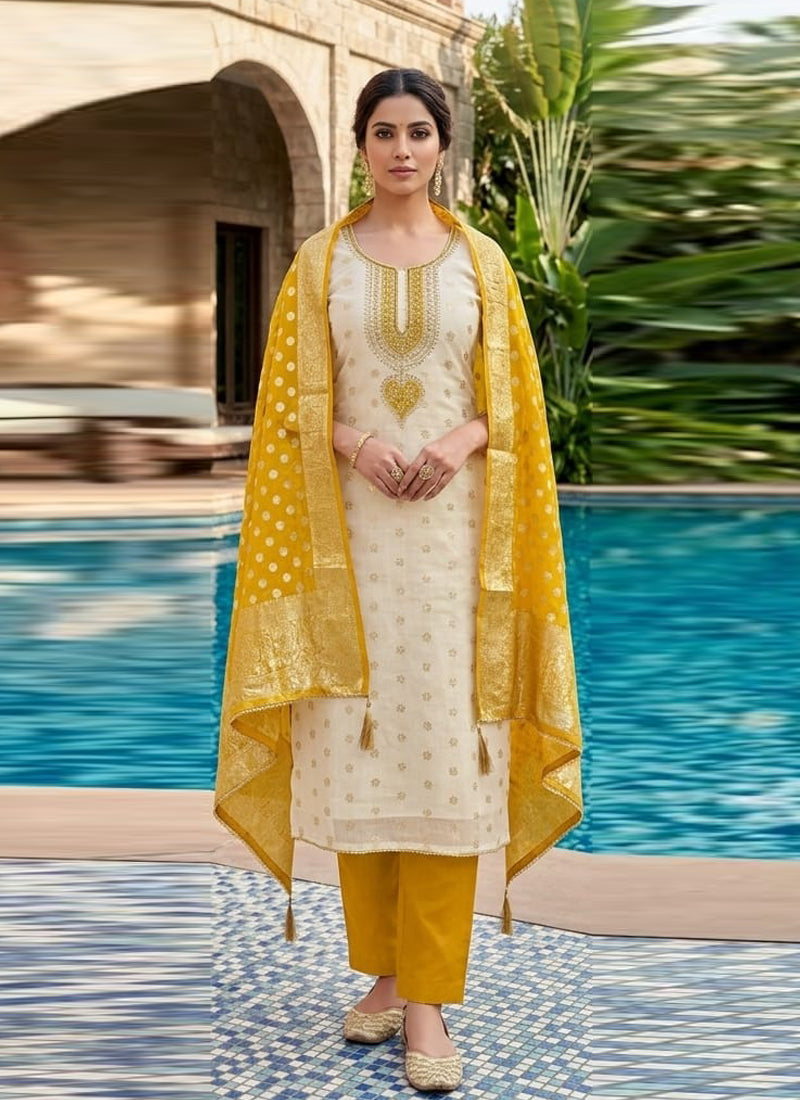 Vegaa Fashion Cream Embroidered salwar suit | Grocsy