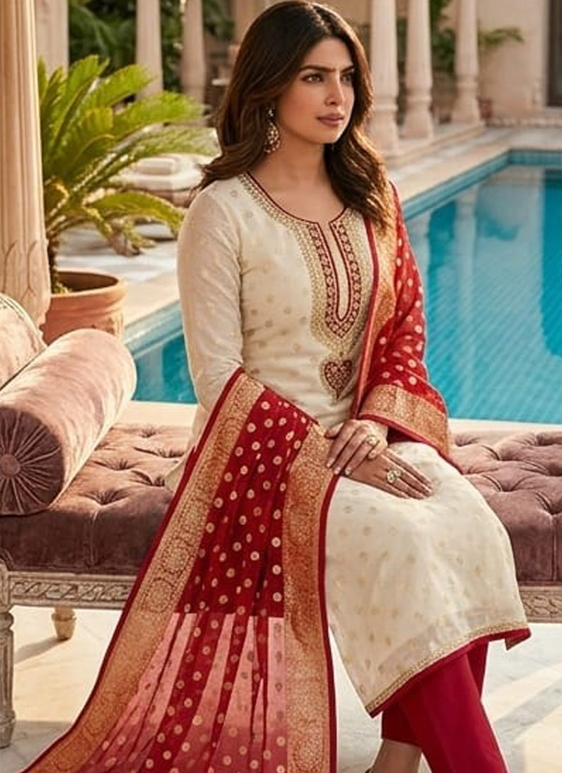 Vegaa Fashion Cream Embroidered salwar suit | Grocsy