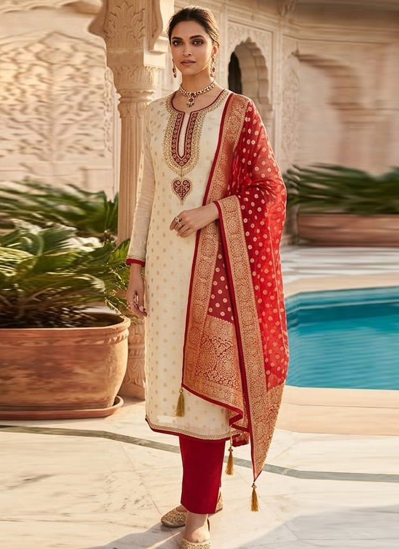 Vegaa Fashion Cream Embroidered salwar suit | Grocsy